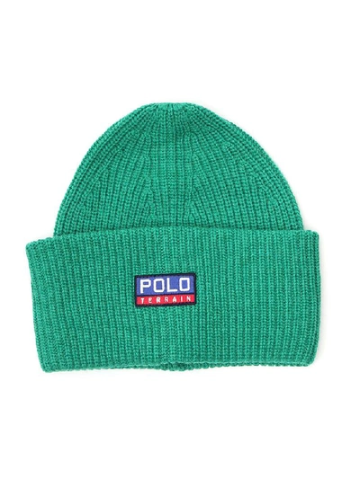 Shop Polo Ralph Lauren Ribbed Logo Patch Beanie In Green