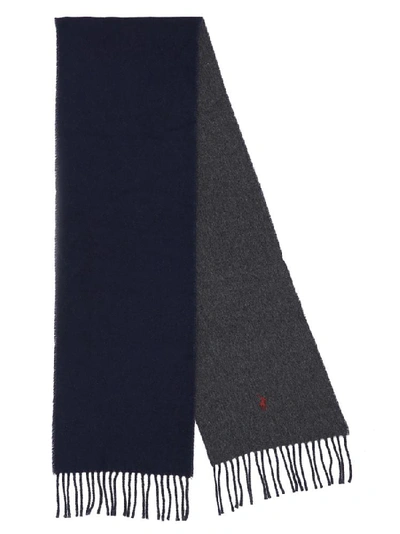 Shop Polo Ralph Lauren Logo Embroidered Fringe Trim Scarf In Navy