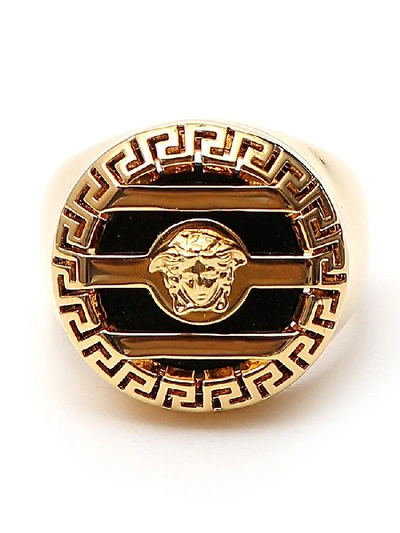 Shop Versace 3d Greek Key Medusa Embellished Logo Ring In Gold