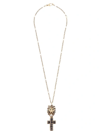 Shop Gucci Lion Cross Pendant Necklace In Multi