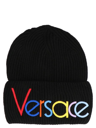 Shop Versace Logo Embroidered Beanie In Black