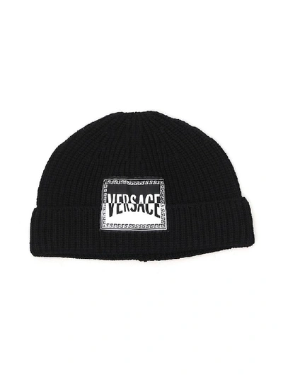 Shop Versace Logo Patch Beanie In Black