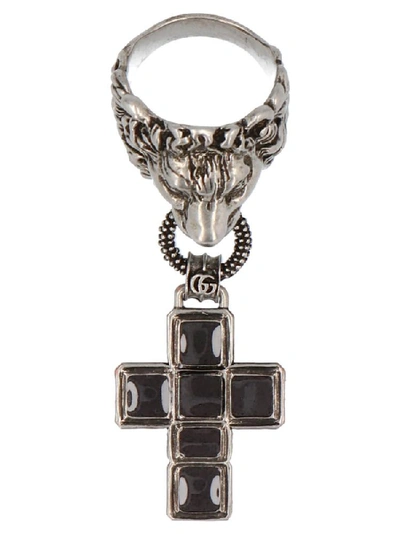 Shop Gucci Lion Head Drop Cross Ring In Silver