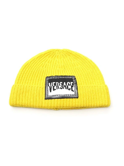 Shop Versace Logo Patch Beanie In Yellow