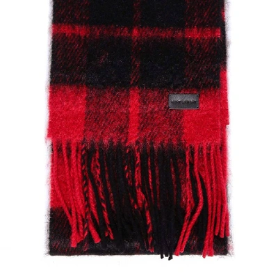 Shop Saint Laurent Plaid Effect Fringed Scarf In Red