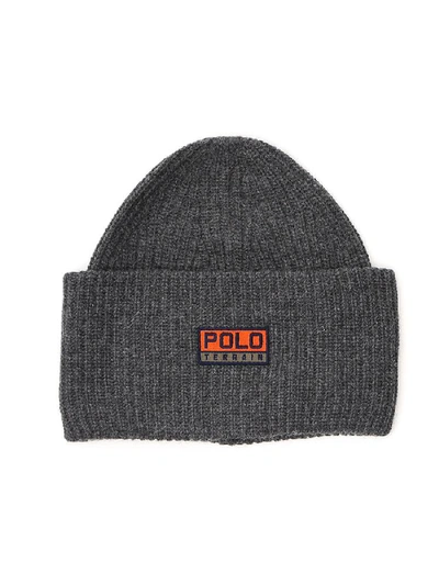 Shop Polo Ralph Lauren Ribbed Logo Patch Beanie In Grey