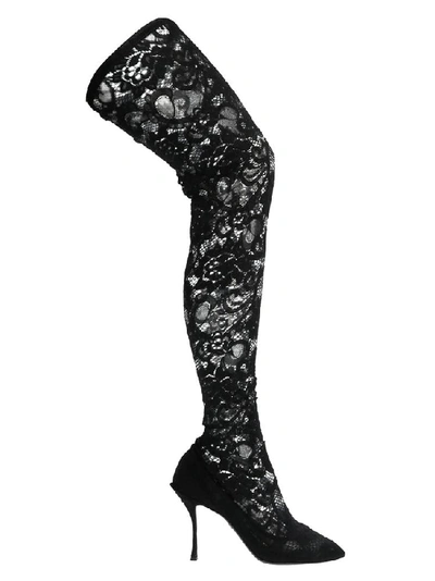 Shop Dolce & Gabbana Lace Thigh High Boots In Black