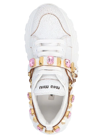 Shop Miu Miu Embellished Strap Lace Up Chunky Sneakers In White