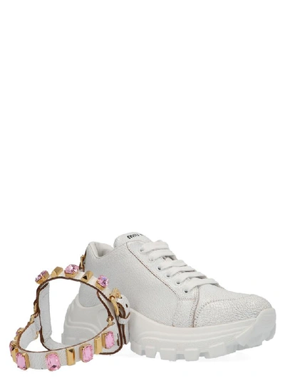 Shop Miu Miu Embellished Strap Lace Up Chunky Sneakers In White