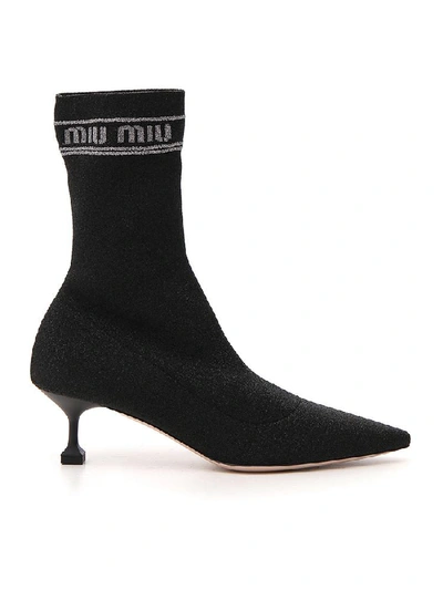 Shop Miu Miu Logo Heeled Sock Boots In Black