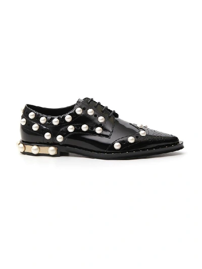 Shop Dolce & Gabbana Pearl Embellished Lace Up Shoes In Black