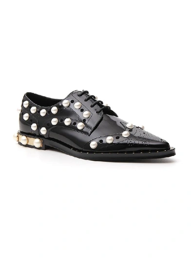 Shop Dolce & Gabbana Pearl Embellished Lace Up Shoes In Black