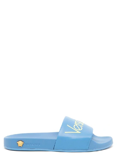 Shop Versace Logo Slides In Blue