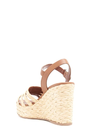 Shop Prada Straw Wedge Heel Sandals In Beige