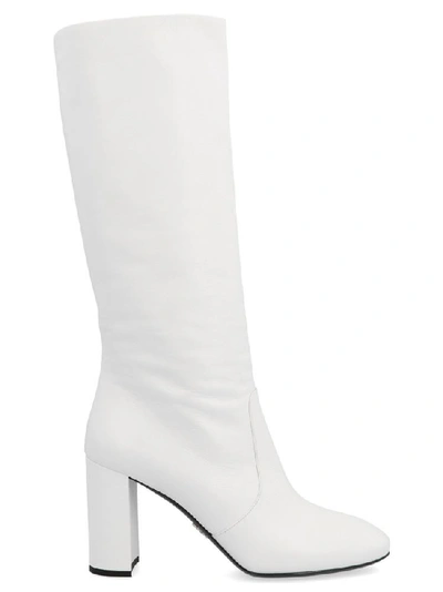 Shop Prada Calf High Chunky Heel Boots In White