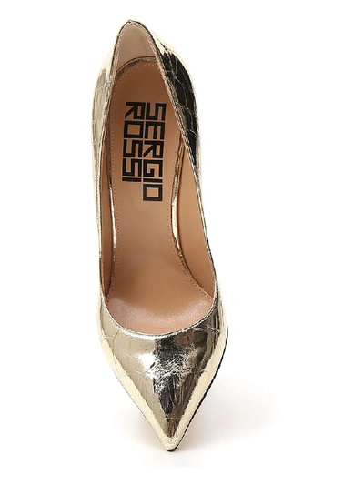 Shop Sergio Rossi Metallic Croc Effect Block Heel Pumps In Gold