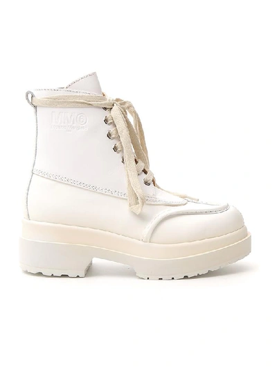Shop Mm6 Maison Margiela Logo Embossed Combat Boots In White