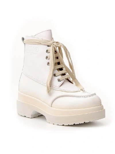 Shop Mm6 Maison Margiela Logo Embossed Combat Boots In White