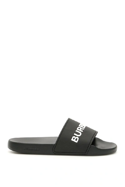 Shop Burberry Logo Print Slides In Black