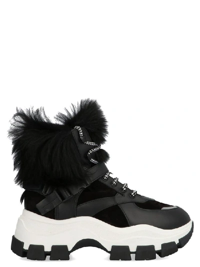 Shop Prada Pegasus Shearling Detail Sneakers In Black