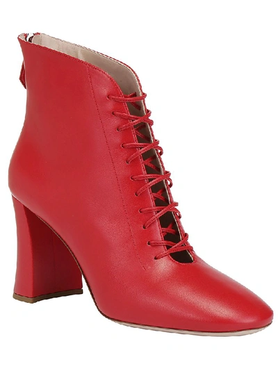 Shop Miu Miu Lace Up Ankle Block Heel Boots In Red