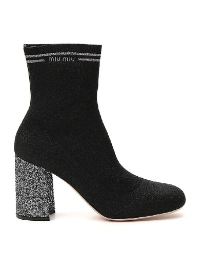 Shop Miu Miu Glitter Sock Boots In Black
