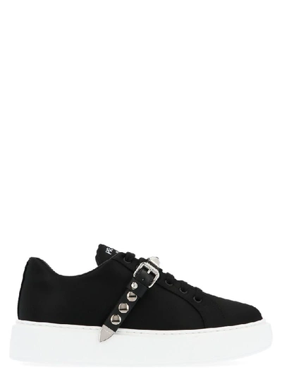 Shop Prada Studded Strap Low Top Sneakers In Black