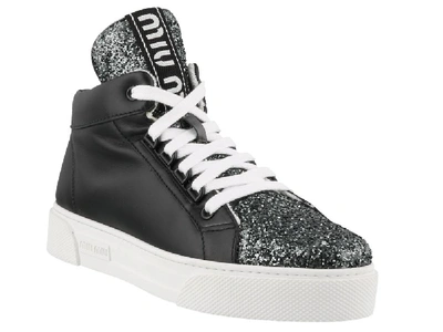 Shop Miu Miu Glitter High Top Sneakers In Black