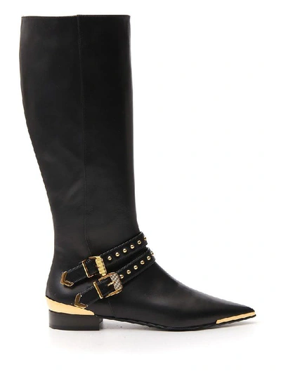 Shop Versace Buckle Detailed High Boots In Black