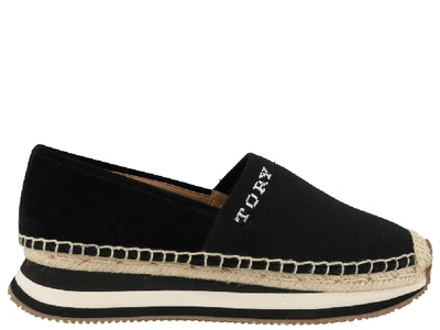 Shop Tory Burch Logo Platform Espadrilles In Black