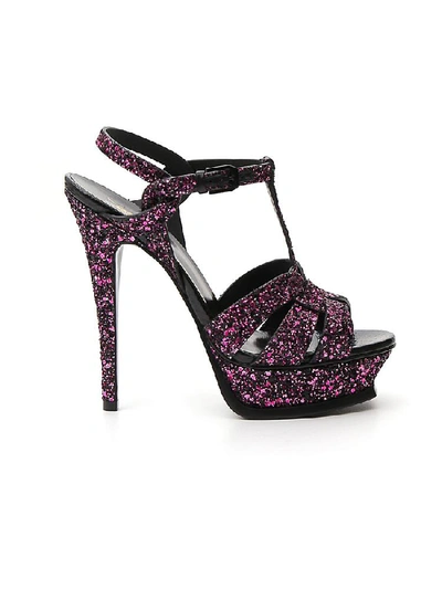 Shop Saint Laurent Tribute Glitter Platform Sandals In Pink