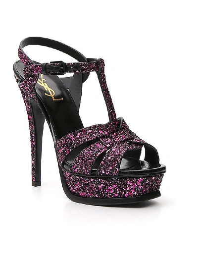 Shop Saint Laurent Tribute Glitter Platform Sandals In Pink