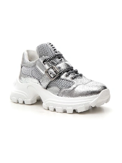 Shop Miu Miu Chunky Sole Strap Sneakers In Silver