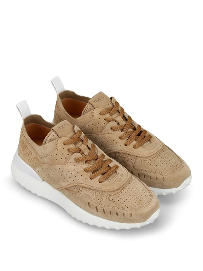 Shop Tod's Perforated Sneakers In Beige