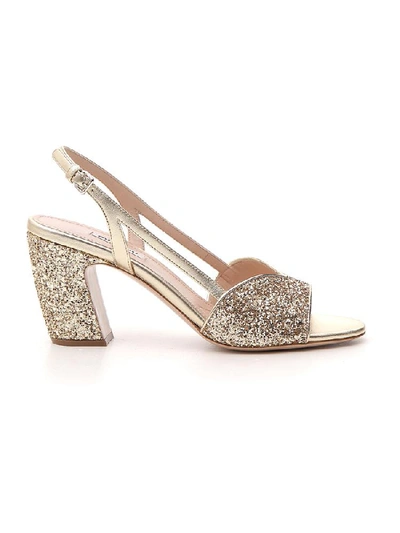 Shop Miu Miu Glitter Heel Sandals In Gold