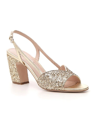 Shop Miu Miu Glitter Heel Sandals In Gold