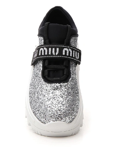 Shop Miu Miu Chunky Sole Glitter Sneakers In Silver