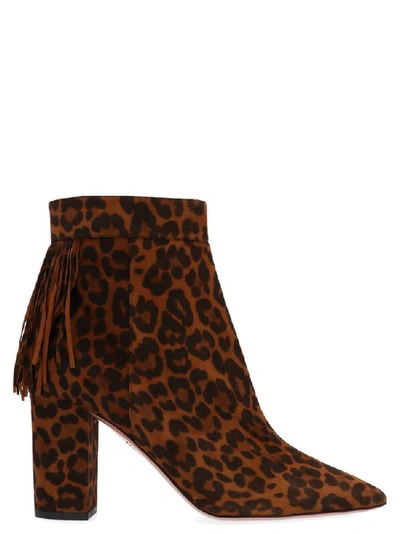 Shop Aquazzura Leopard Print Fringed Detail Ankle Boots In Multi