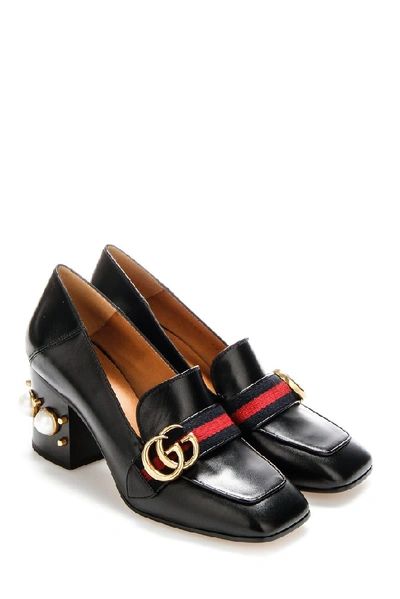 Shop Gucci Embellished Heel Leather Pumps In Black