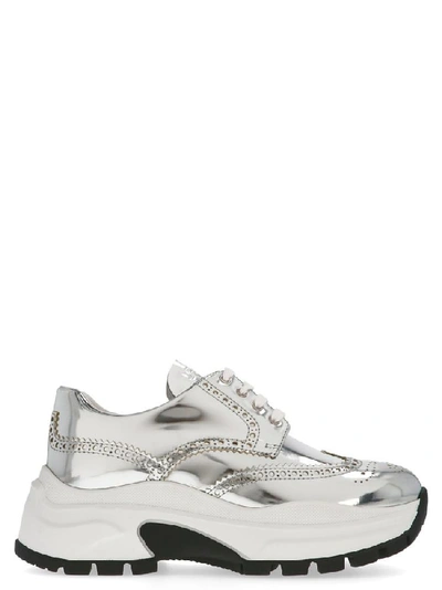 Shop Prada Pegasus Metallic Lace Up Sneakers In Silver