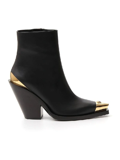 Shop Versace Metallic Detail Block Heeled Ankle Boots In Black