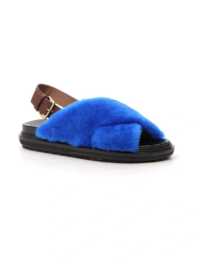 Shop Marni Fussbett Fur Sandals In Blue