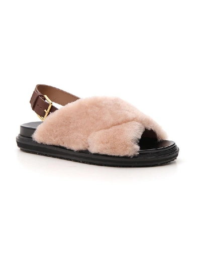 Shop Marni Fussbett Fur Sandals In Beige