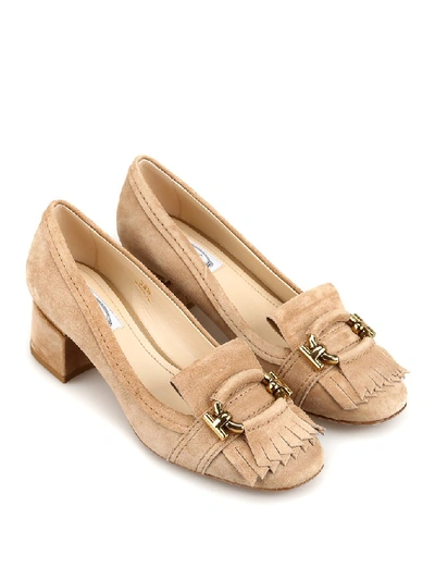 Shop Tod's Fringe Detail Block Heel Pumps In Beige