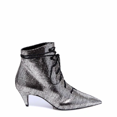 Shop Saint Laurent Metallic Laced Ankle Boots In Silver