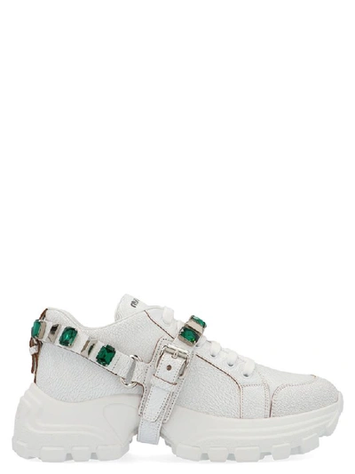 Shop Miu Miu Embellished Strap Lace Up Chunky Sneakers In White