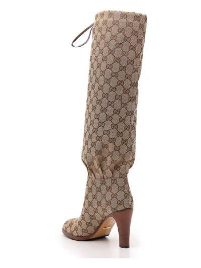 Shop Gucci Gg Logo Supreme Thigh High Boots In Beige