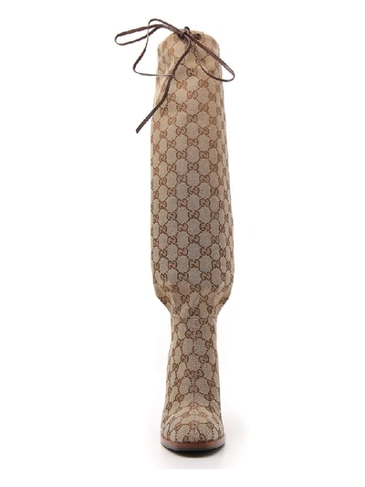 Shop Gucci Gg Logo Supreme Thigh High Boots In Beige
