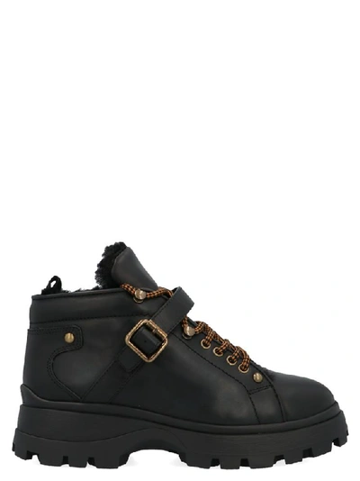 Shop Miu Miu Shearling Trim Buckle Strap Hiking Boots In Black