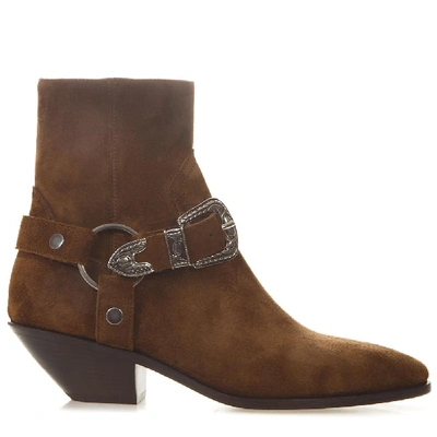 Shop Saint Laurent Buckled Ankle Boots In Brown